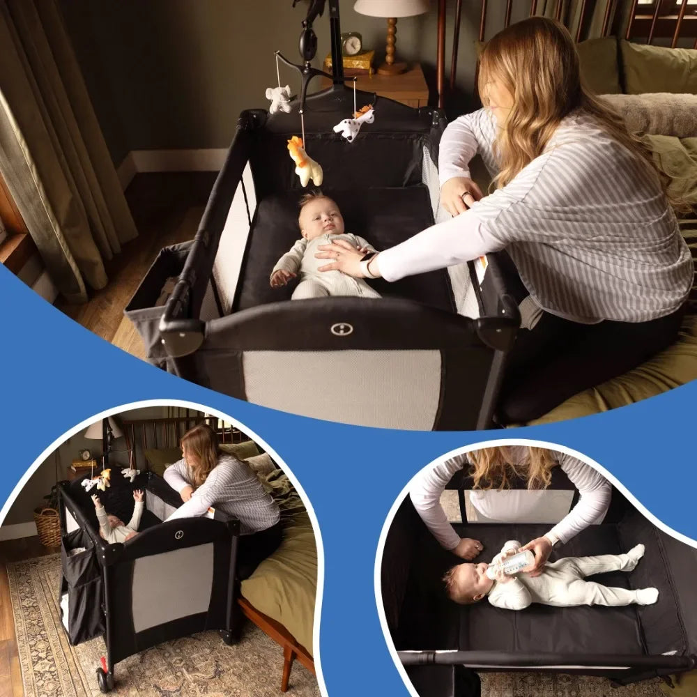 5 in 1 Portable Playard and Bassinet Bedside Sleeper for Newborn to Toddler, Unisex, Black