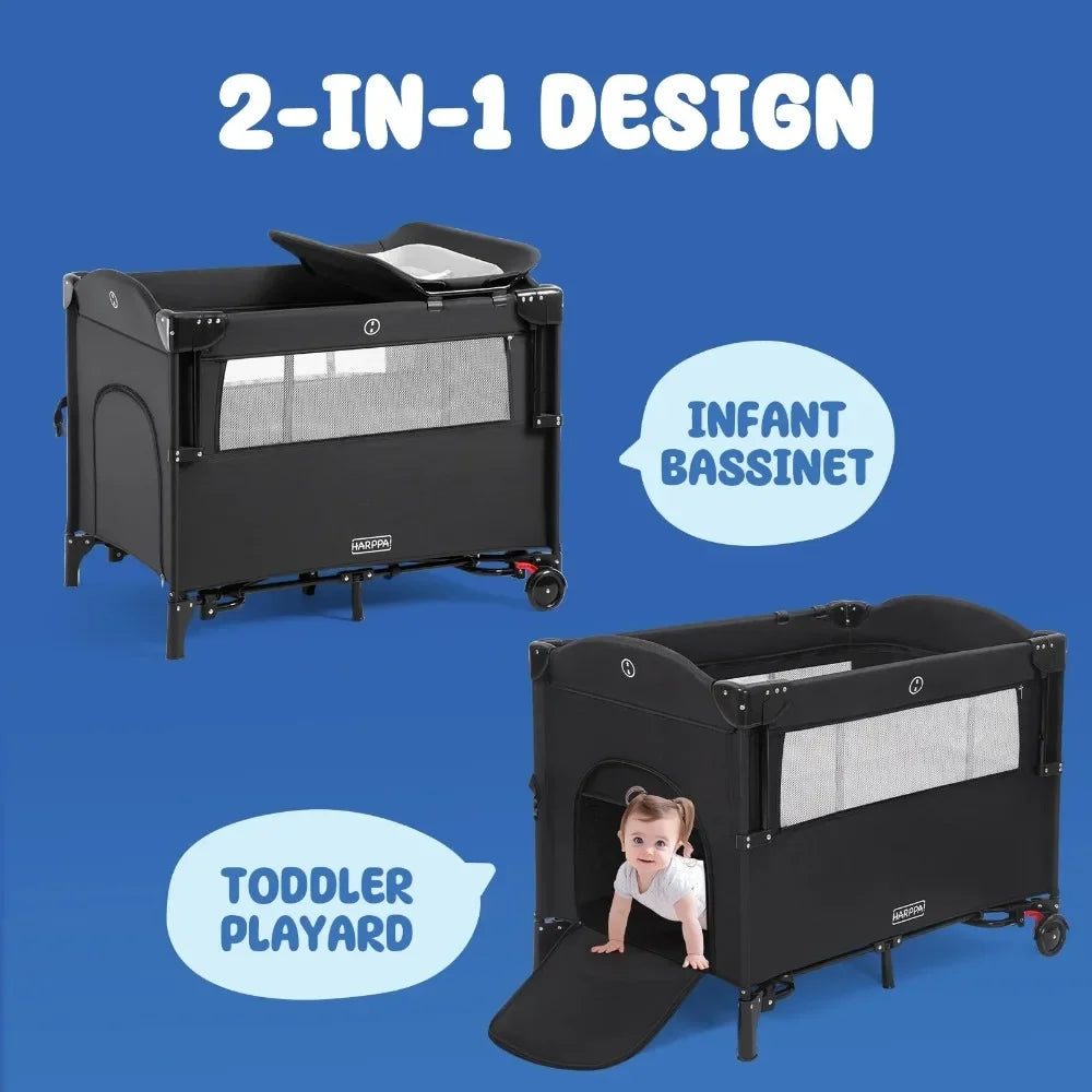 5 in 1 Portable Playard and Bassinet Bedside Sleeper for Newborn to Toddler, Unisex, Black