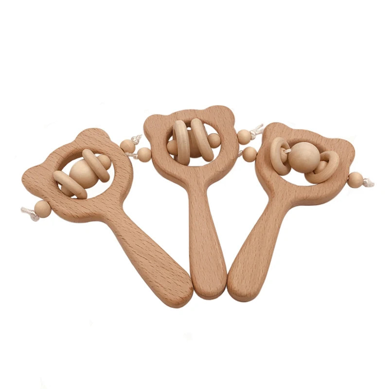 Wood Teether Charms Food Grade Baby Products Cute Wooden Bear Rattle DIY Necklace Bracelets BPA Free Safe Teethers