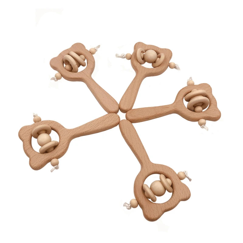 Wood Teether Charms Food Grade Baby Products Cute Wooden Bear Rattle DIY Necklace Bracelets BPA Free Safe Teethers