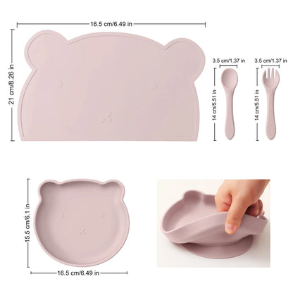 BPA Free 4PCS Silicone Children Tableware Baby Feeding Set Silicone Dinner Plate Spoon Fork Silicone Placemat Baby Stuff